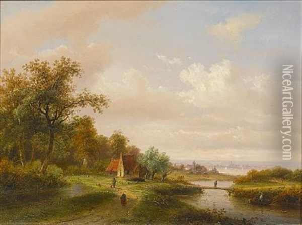 A River Landscape With A Village In The Distance Oil Painting - Claus Hendrik Meiners