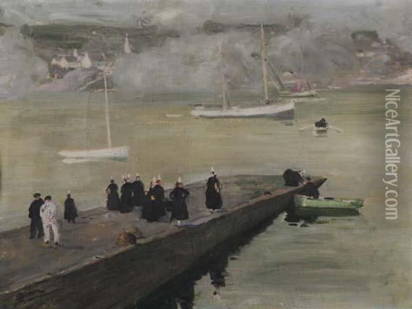 Bretonnes Sur La Jetee Oil Painting - Lucien Simon