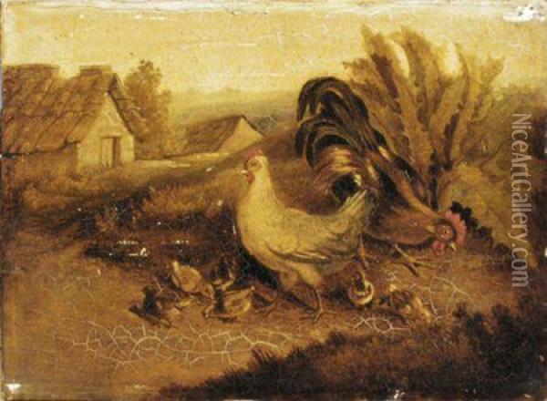 Chickens Feeding With Cottages Beyond Oil Painting - Albertus Verhoesen