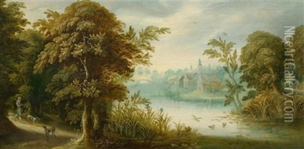 A Wooded River Landscape With A Huntsman And His Dogs Oil Painting - Isaac Van Oosten