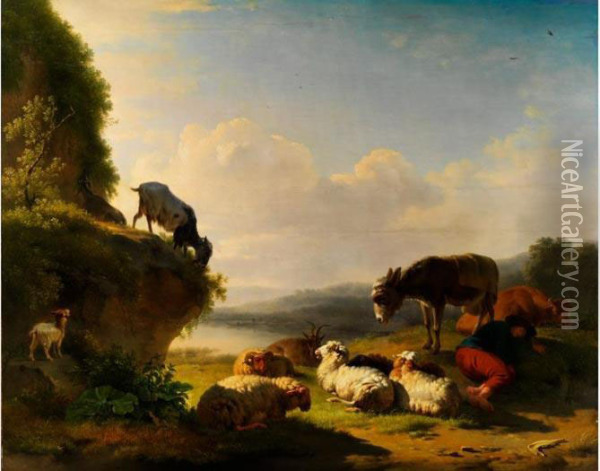 Schafe, Ziegen, Esel Und Kuh In Landschaft Oil Painting - Eugene Joseph Verboeckhoven