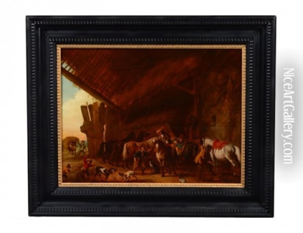 Stable Scene With Figures, Horses And Dogs Oil Painting - Heinrich Buerkel