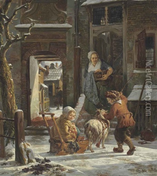 A Snowy Outdoor Courtyard With Children Playing On A Goat-drawn Sleigh Oil Painting - Abraham van Stry the Elder