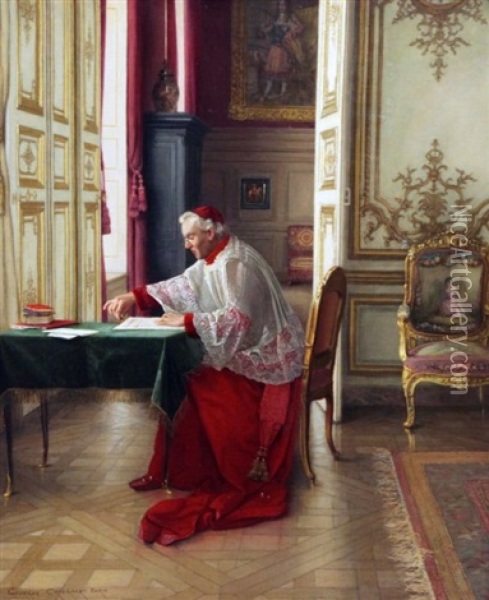 A Cardinal Reading Oil Painting - Georges Croegaert