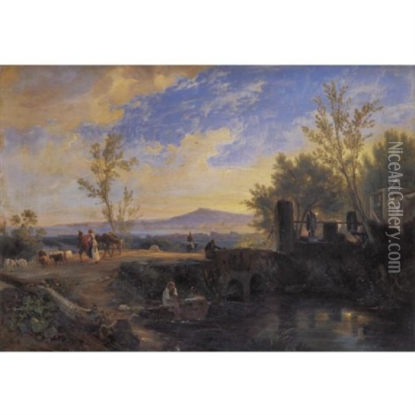 Peasants And Animals In A Landscape In Naples Oil Painting - Anton Sminck Pitloo