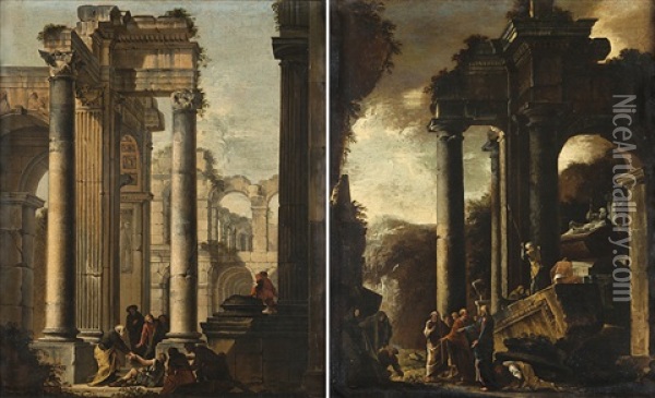 Architetture Con Personaggi E Scene Dal Nuovo Testamento (coppia) Oil Painting - Giovanni Ghisolfi