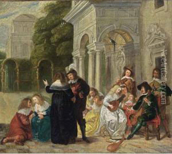 A Courtyard With An Elegant Company Making Music And Conversing Oil Painting - Hieronymus Janssens