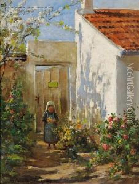 Portrait Of A Young Breton Girl In A Summer Garden Oil Painting - Abbott Fuller Graves