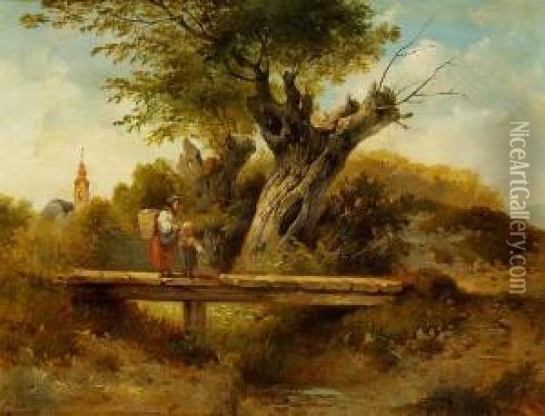 Woman And Child Crossing A Wooden Bridge Oil Painting - Dominik Schufried