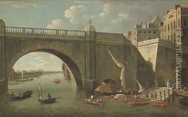 A view through Westminster Bridge looking west towards Lambeth Palace, with figures and boatmen in the foreground Oil Painting - Samuel Scott