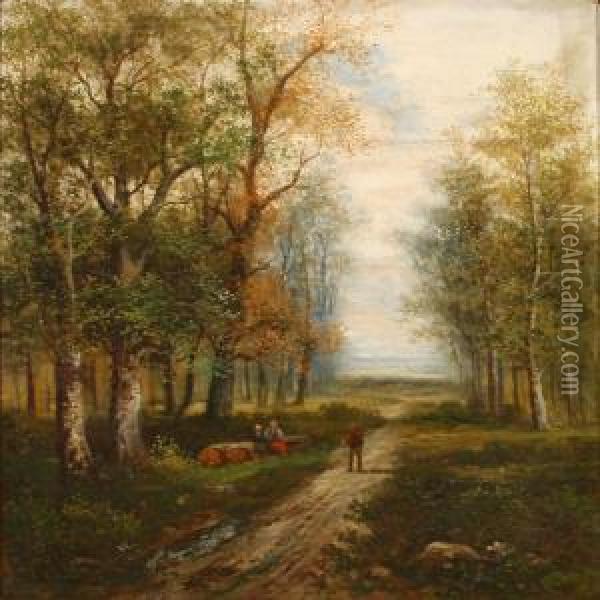 People Walking In A Forest Oil Painting - C. Hildebrand
