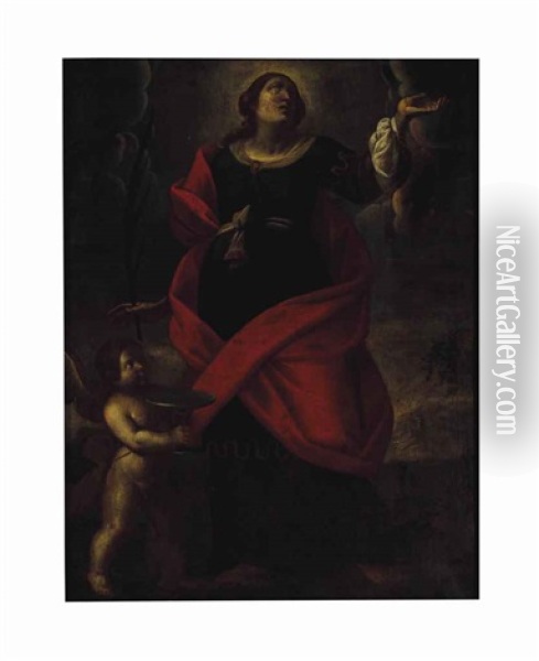 A Female Martyr Saint, Probably Saint Lucy, With An Angel In Attendance Oil Painting - Alessandro Tiarini