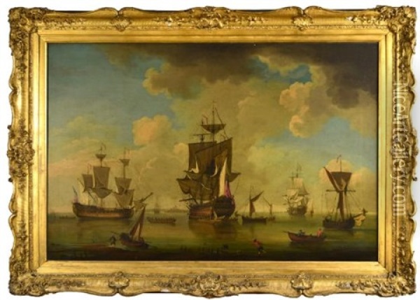 An English Man-of-war, A Fourth Rate Ship Of The Line (50-60 Guns), With A Frigate In Attendance, And Other Men-of-war In Harbour Oil Painting - Charles Brooking