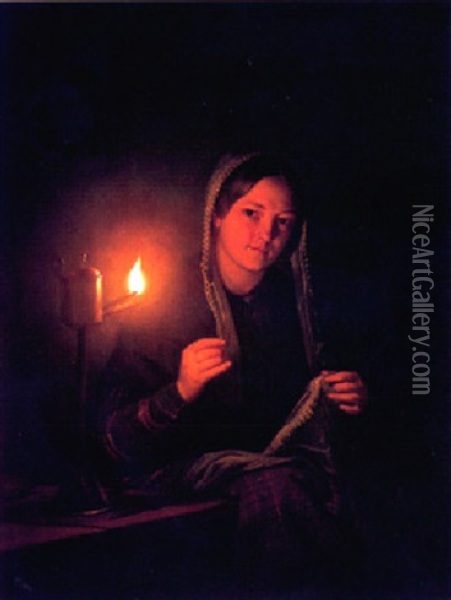 A Seamstress By An Oil Lamp Oil Painting - Petrus van Schendel
