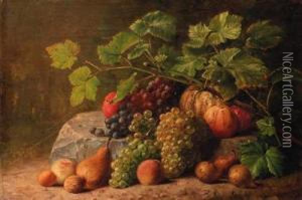A Still Life With A Vine, Pears, Apples And A Pumpkin Oil Painting - Clotildis Van Lamsweerde