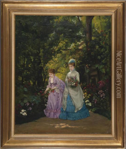 Elegant Ladies Gathering Flowers In A Garden Oil Painting - Hippolyte Henri P. Dubois
