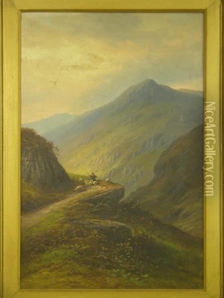 Shepherd Withflock On Mountain Pathway Oil Painting - J. De Breanski