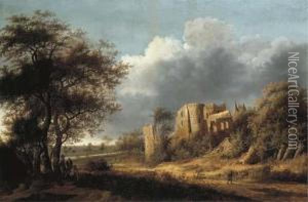 A Landscape With The Ruined Castle Of Egmond, A River Beyond Oil Painting - Anthony Jansz. Van Der Croos
