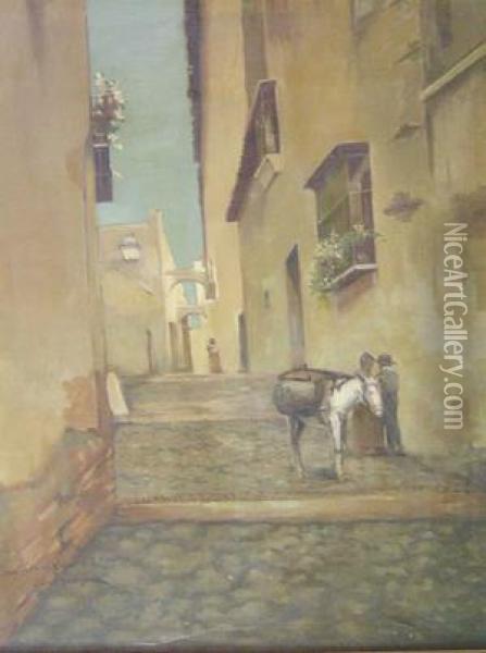 Una Calle En Vejer De La Fragtera Oil Painting - Manuel Garcia y Rodriguez