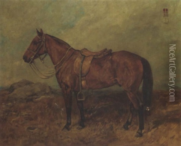 A Saddled Chestnut Hunter In A Landscape Oil Painting - John Emms