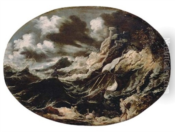 A Stormy Coastal Landscape Oil Painting - Antonio Maria Marini