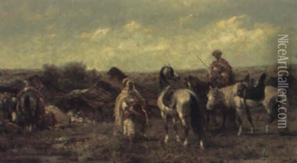 Arab Horsemen At An Encampment Oil Painting - Adolf Schreyer