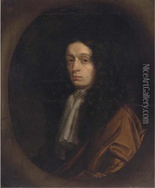 Portrait Of A Gentleman, Bust-length, In A Brown Cloak And Lacejabot, In A Feigned Oval Oil Painting - Sir Peter Lely