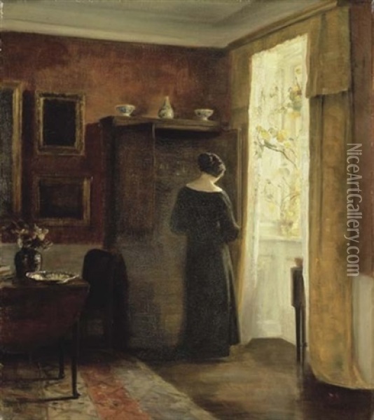 Interior Med Kvinde Ved Vindue - Interior With Woman By The Window Oil Painting - Carl Vilhelm Holsoe