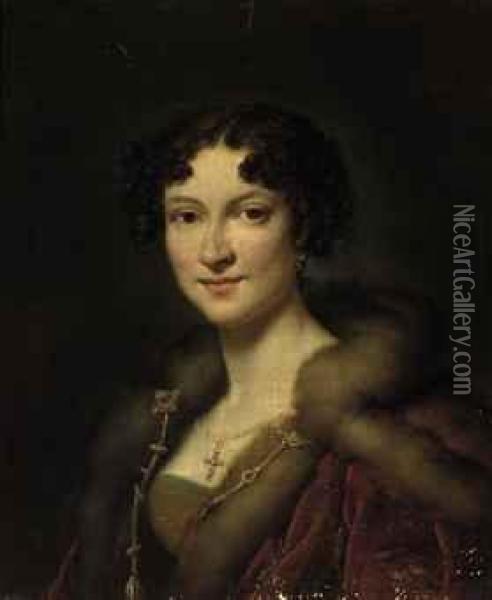 Portrait Of Henriette Louise Peterson (1796-1845), Wife Of Auguste,baron Du Bois De Ferrieres, Bust-length, In A Fur-trimmed Redmantle And Jewels Oil Painting - Alexandre-Jean Dubois Drahonet