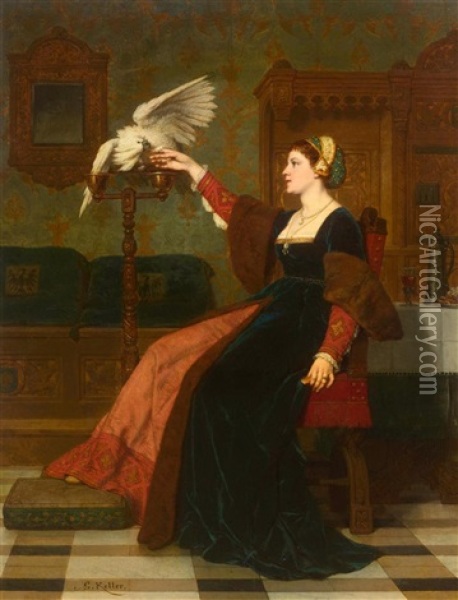 Interior With A Noblewoman And Her Bird Oil Painting - Wilhelm (Guillaume) Koller