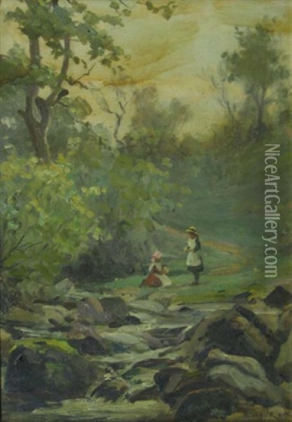 Children By A Brook, Swaledale Oil Painting - Ernest Higgins Rigg