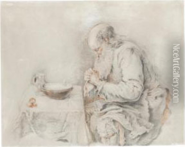 An Old Man Saying Grace Over His Simple Meal Oil Painting - Jacques-Andre Portail