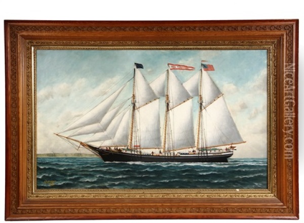 Portrait Of Three-mast Schooner Jose Olaverri Oil Painting - Solon Francis Montecello Badger