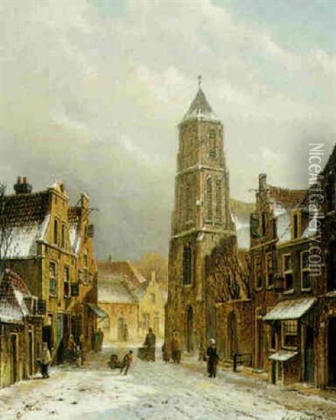 A Snowy Dutch Street Scene Oil Painting - Oene Romkes De Jongh