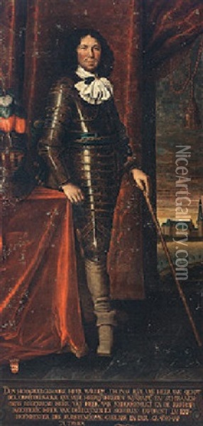 Portrait Of Wilhelm Thomas Freiherr Von Quadt-wykradt, In Full Body-armour Holding A Cane Oil Painting - Harmen de Bye