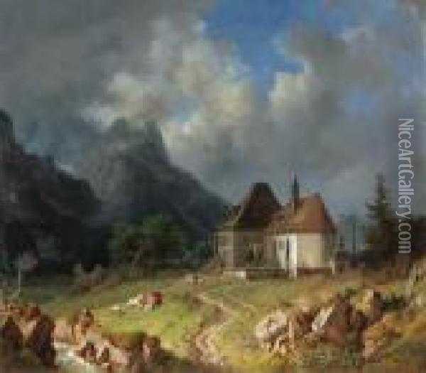 Das Kirchlein Von Hinterriss. Im Hintergrund Daswettersteingebirge Oil Painting - Heinrich Burkel
