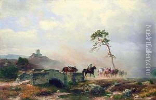 Ziehende Landsknechte Mit Pferden
 Bei Einer Steinbrucke Oil Painting - Carl Friedrich Lessing