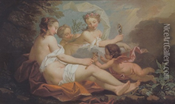 Amoretten, Diana Und Flora Entzunden Mit Einem Brennspiel Eine Fackel - Allegorie Des Feuers Oil Painting - Etienne Jeaurat