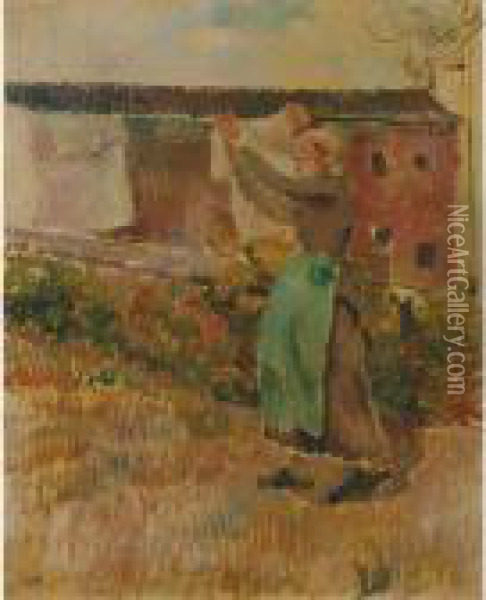 Femme Etendant Du Linge (etude) Oil Painting - Camille Pissarro