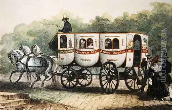 Enterprise Generale des Dames Blanches, omnibus from Madeleine to Porte Saint-Martin, c.1850 Oil Painting - Auguste Raffet