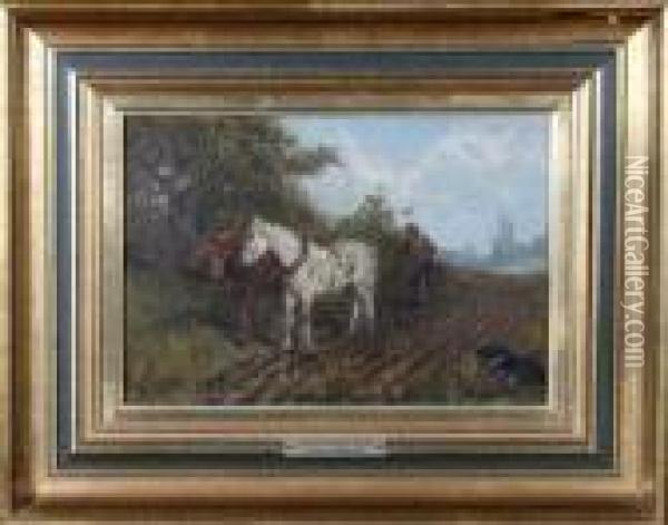 A Ploughman And A Team Of Horses At Work In A Field Oil Painting - John Charlton