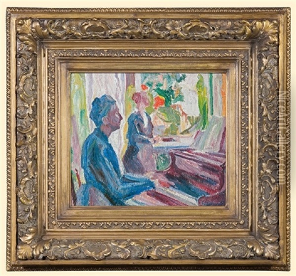 Mrs. Malicka On The Piano Oil Painting - Aleksy Nowakiwski