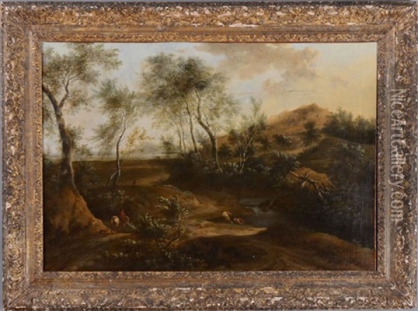 Wooded Landscape With Figures Oil Painting - Frederick De Moucheron