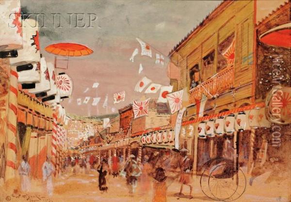 Street In Japan Oil Painting - William Henry Drake