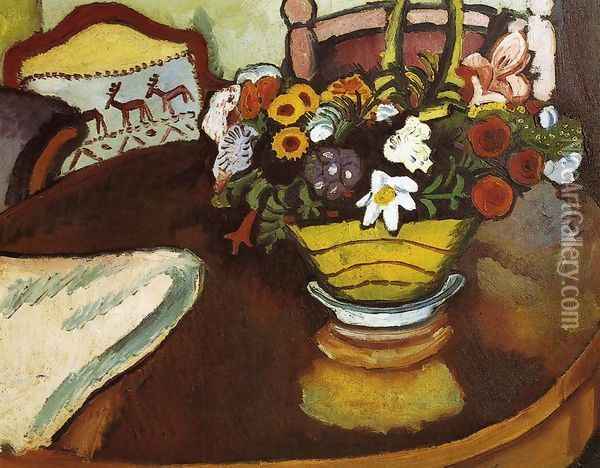 Still Life with Stag Cushion and Flowers Oil Painting - August Macke
