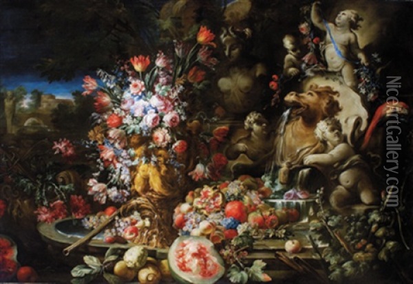 Stillleben Mit Fruchten Und Blumen (+ Another; Pair) Oil Painting - Abraham Brueghel