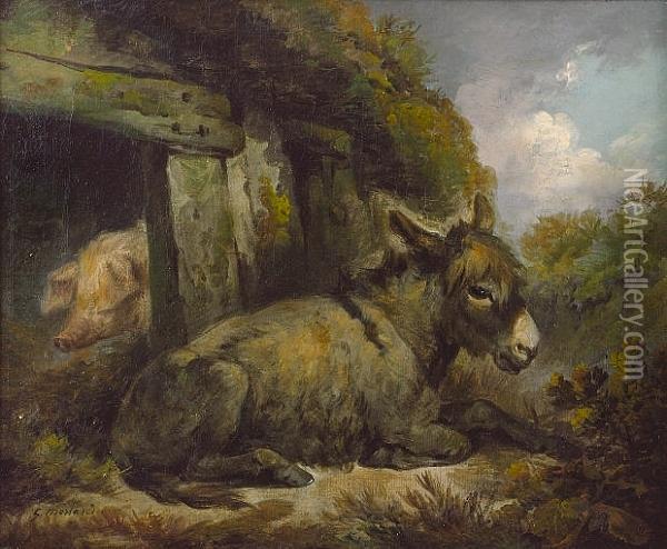 A Donkey And Pig In A Farmyard; And Sheep In A Pasture Oil Painting - George Morland