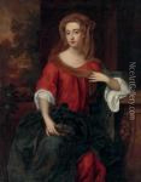 Portrait Of A Lady, 
Three-quarter Length, In A Red Dress And Blue Robe, A Landscape Beyond Oil Painting - William Wissing or Wissmig