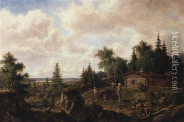 Bondefamilj Vid Stuga Oil Painting - Edward (Johan-Edvard) Bergh