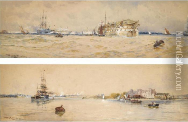 A Training Hulk On The Medway; Upnor Castle On The Medway Oil Painting - Thomas Bush Hardy